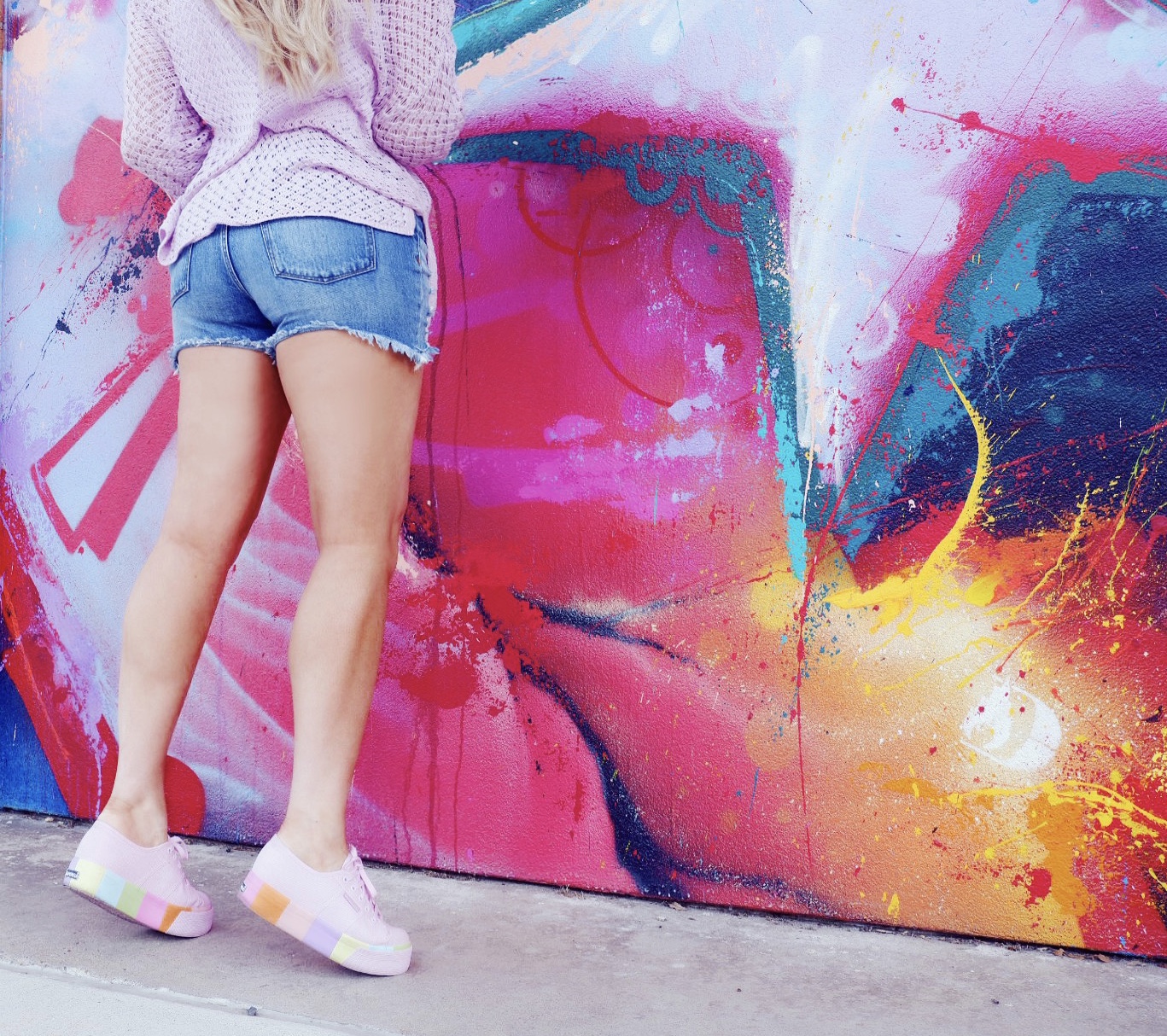 Summer-style-Purple-sweater-distressed-jeans-shorts-rainbow-sneakers